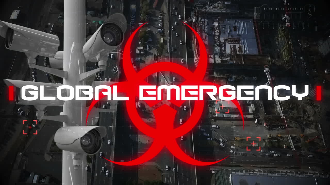 palabras de emergencia global escritas sobre un letrero de peligro para la salud con cámaras en movimiento