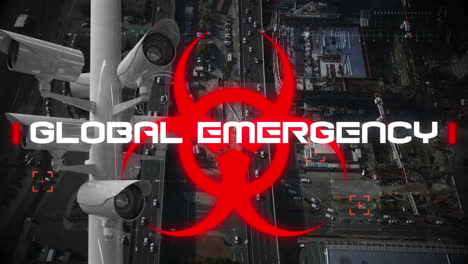 palabras de emergencia global escritas sobre un letrero de peligro para la salud con cámaras en movimiento
