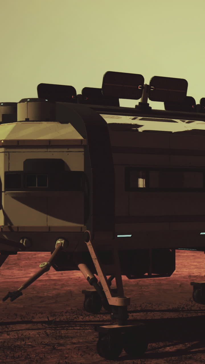 Mobile unit on martian surface at sunset with shadows on equipment