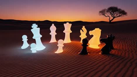 A Captivating Sunset Scene with Illuminated Chess Pieces Strategically Positioned on Desert Sands, Creating a Unique and Dreamlike Atmosphere
