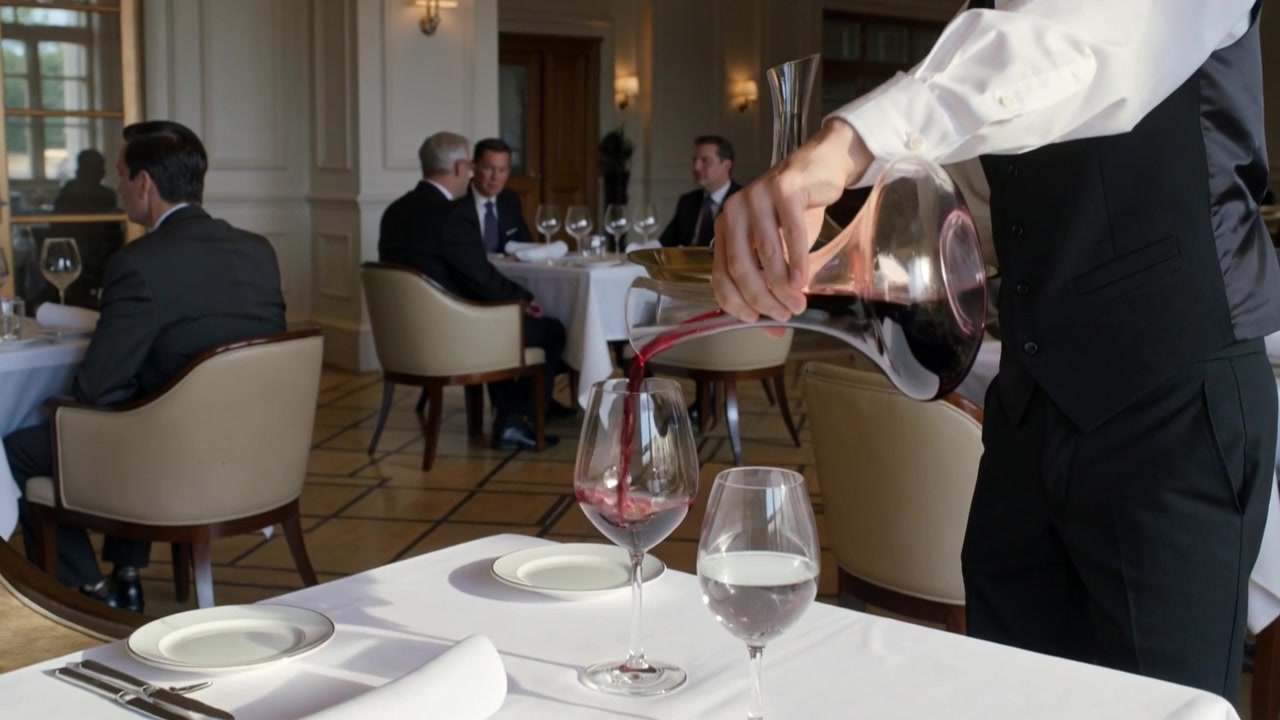 Pouring red wine after shifting, waiter in vest serving diners at table with decanter, copy space