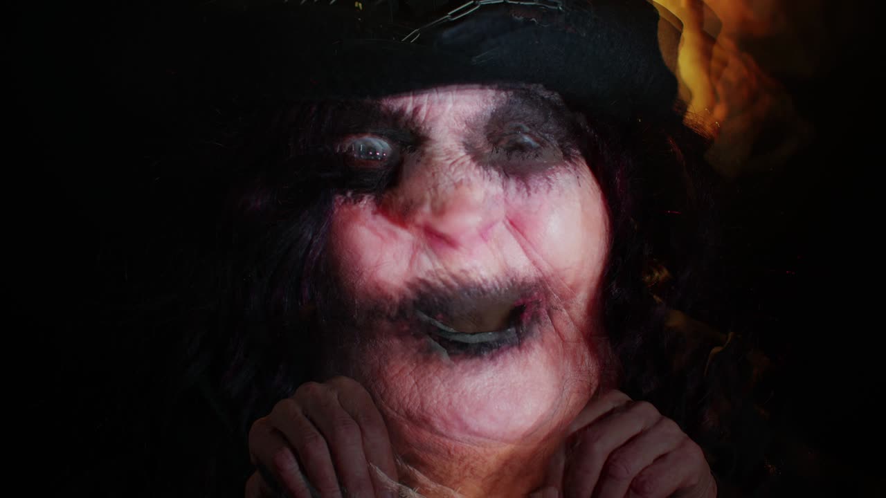 Sinister woman with horrible scary Halloween witch makeup in costume making faces trying to scare