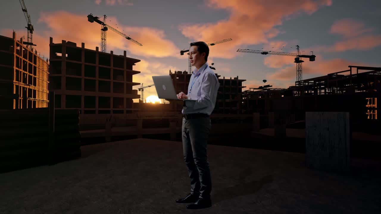 Vista lateral de cuerpo entero de un trabajador profesional asiático en una obra en construcción para una casa nueva, que observa mirando hacia arriba antes de concentrarse en el portátil y seguir escribiendo.