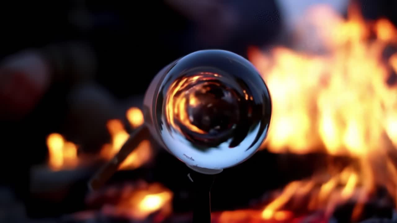 An Enigmatic Reflective Sphere Captured Against a Dazzling Campfire Background, Showcasing the Mesmerizing Dance of Flames and the Surrounding Ambiance