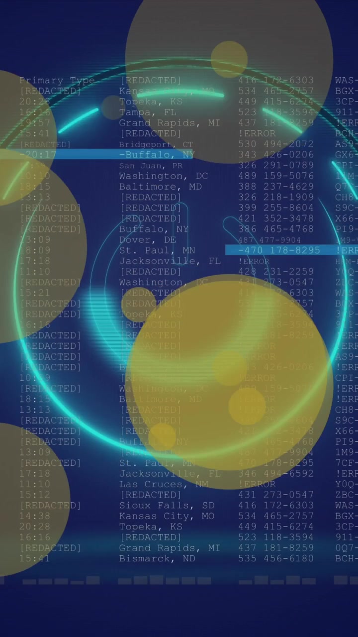 Animation of yellow spots and neon power icon against data processing on blue background