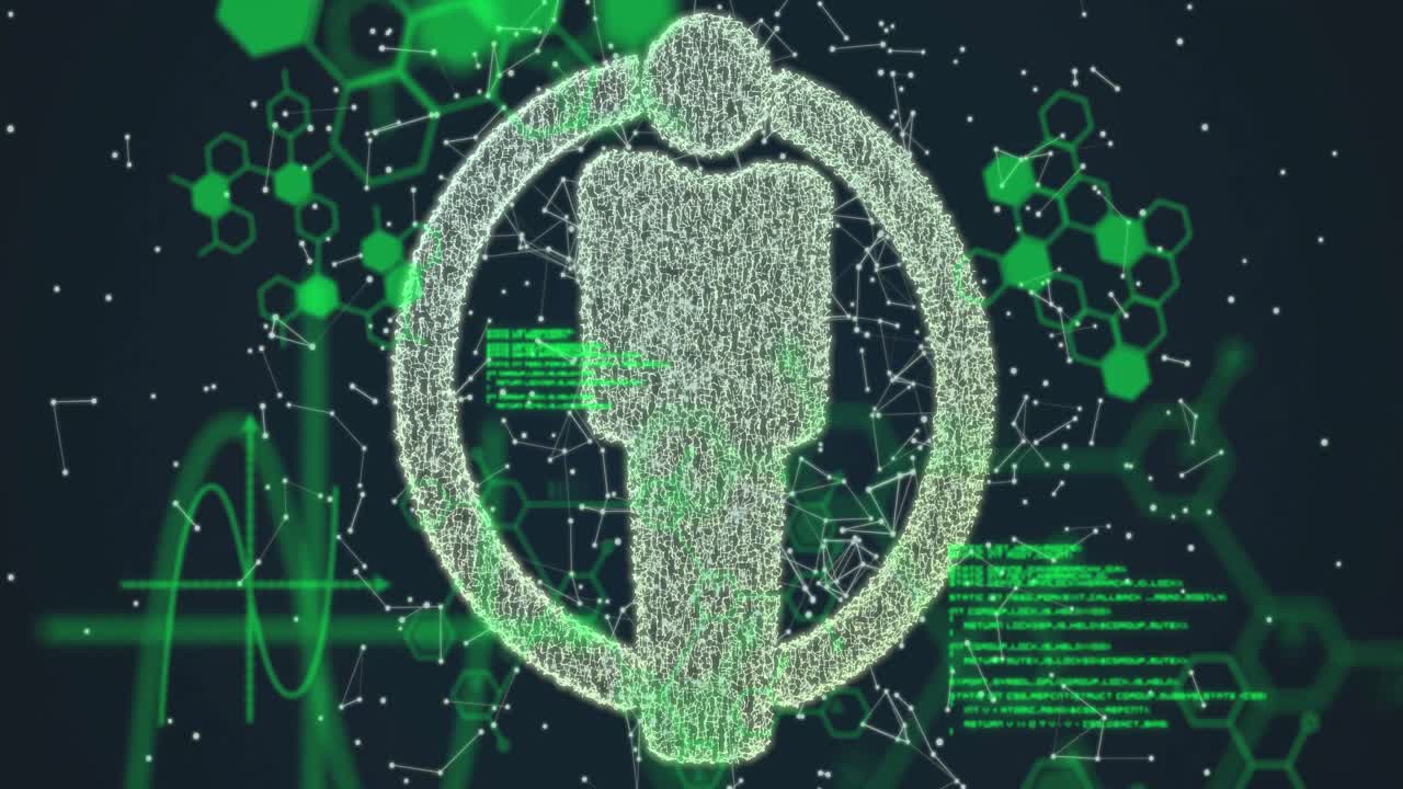 animación de un icono humano sobre datos científicos y conexiones