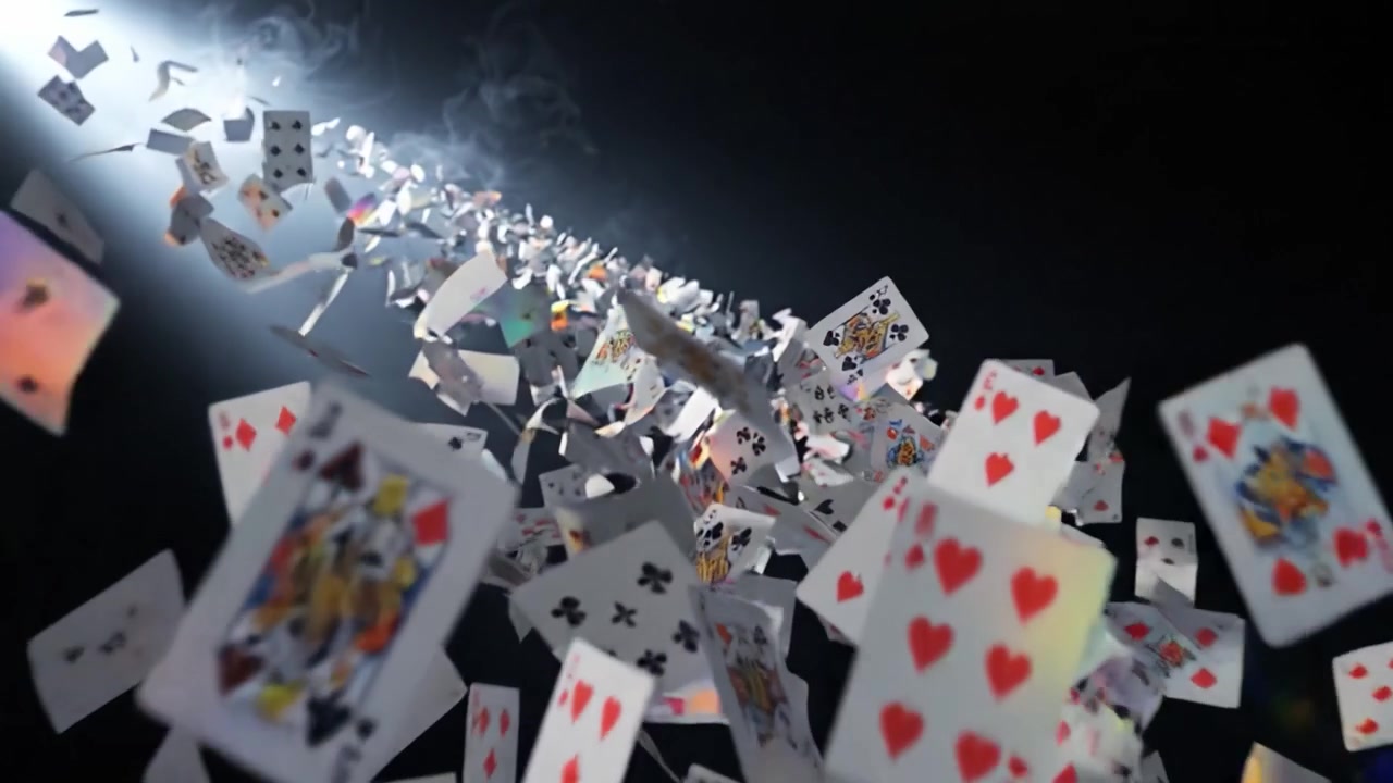Un flusso dinamico di carte da gioco illuminate da un fascio di luce, che crea un effetto vortice di simboli e motivi colorati su uno sfondo scuro.