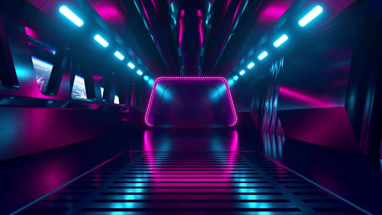 túnel de ciencia ficción en el espacio exterior con luz de neón. planeta tierra fuera de la ventana de la nave espacial. concepto de tecnología espacial. animación 3d de un bucle sin costuras