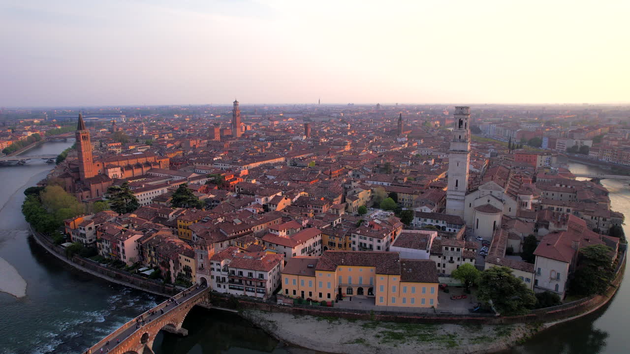 Panoramic aerial view of whole Verona old town at sunset