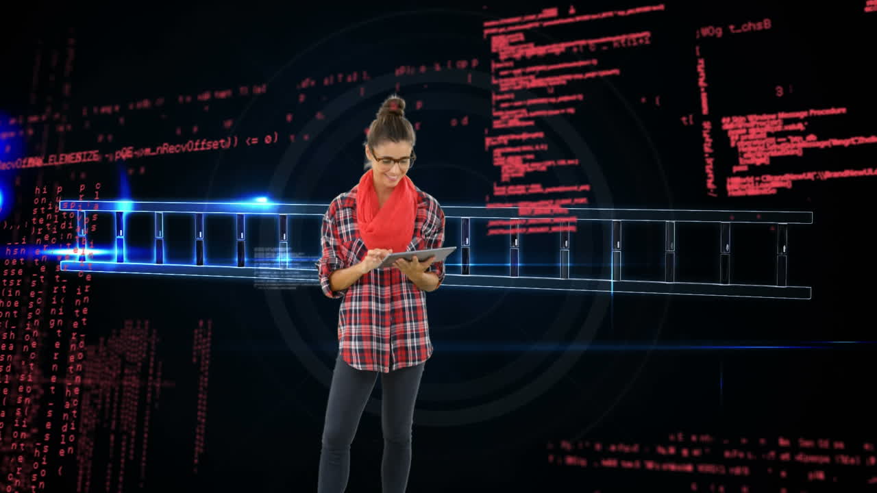 mujer usando una tableta digital y doble hélice de adn