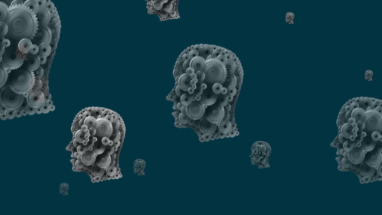 анимация человеческих голов, сформированных с шестеренками, движущимися на синем фоне