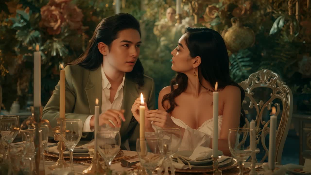 Leaning in man striking match, lighting taper candle at greenhouse table, creating intimate glow