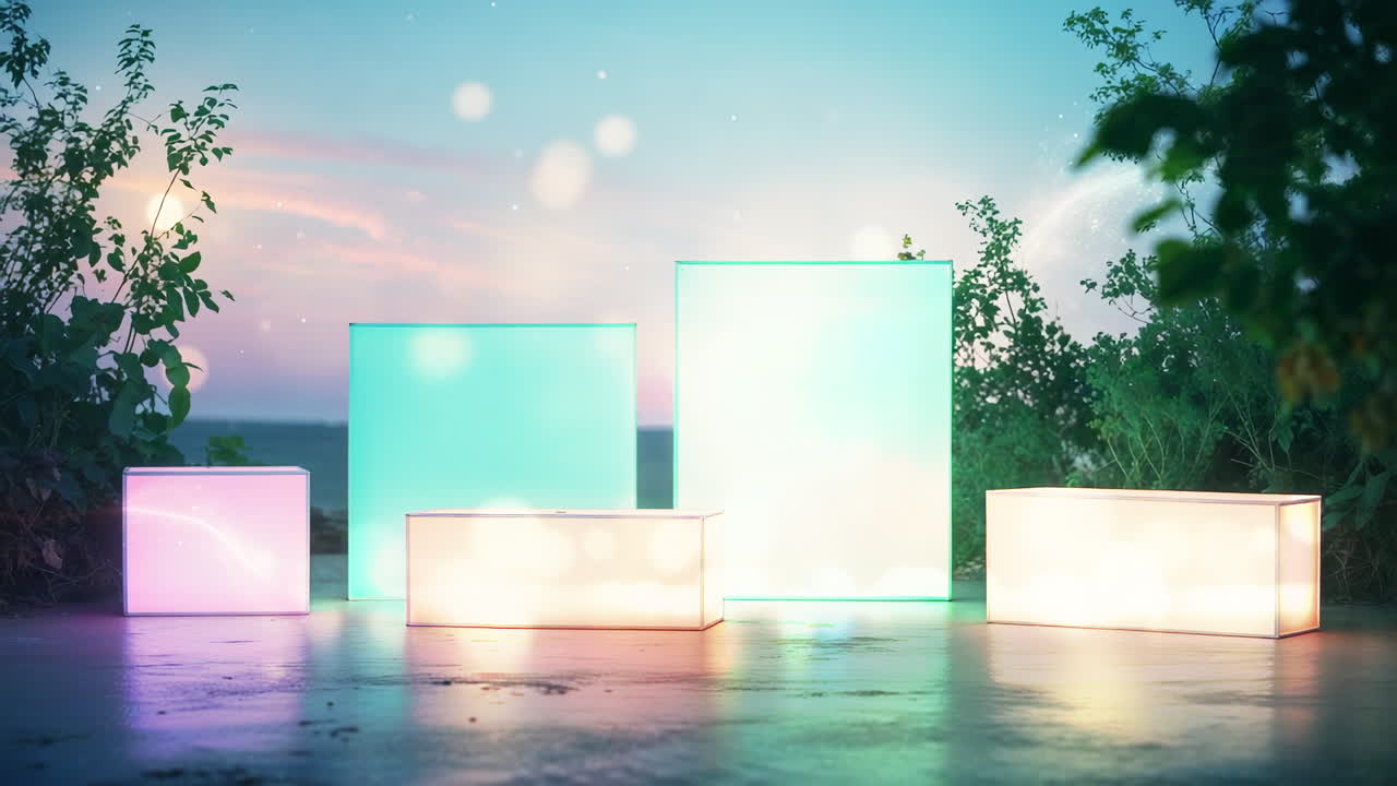 Vibrant Glowing Boxes Art Installation Outdoors at Twilight