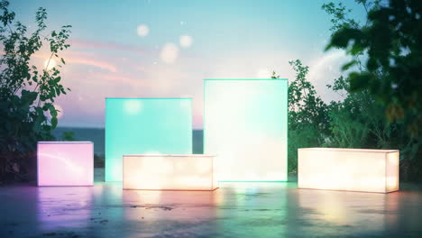 vibrant glowing boxes art installation outdoors at twilight