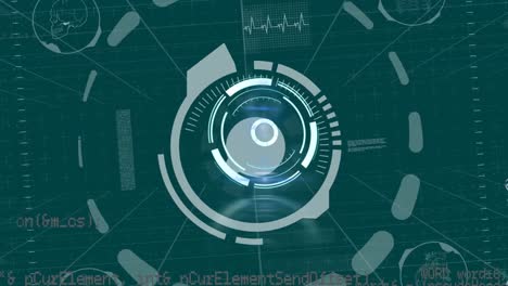 digital animation of neon round scanner against data processing on blue background