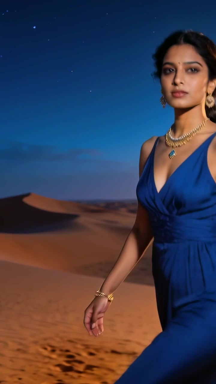Video verticale: Telecamera che indietreggia, donna che cammina su una duna sotto il cielo con un vestito blu dorato, spazio per il testo.