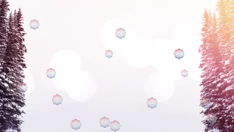 animación de nieve cayendo y puntos de luz sobre árboles de abeto sobre fondo blanco en navidad