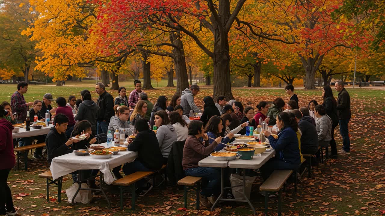 A large group of people enjoys an outdoor picnic in a park with vibrant autumn foliage