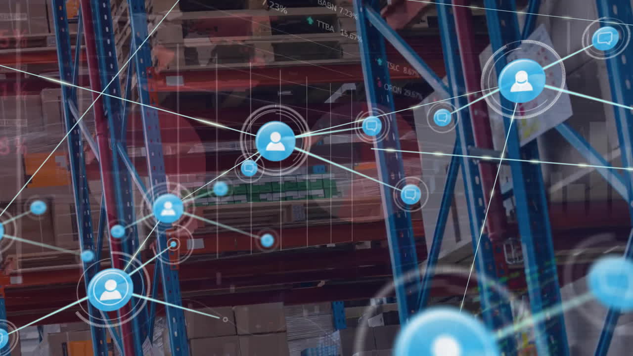 animación de la red de conexiones con iconos sobre el almacén