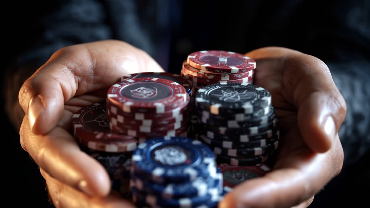 Nærbillede af hænder, der holder en stak farverige pokerchips i en dramatisk belysning, der fremhæver spilatmosfærens detaljer