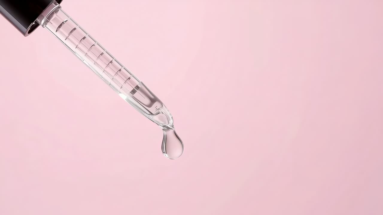 Goccia allungata per tensione superficiale da una pipetta con cappuccio nero su sfondo rosa, spazio per il testo