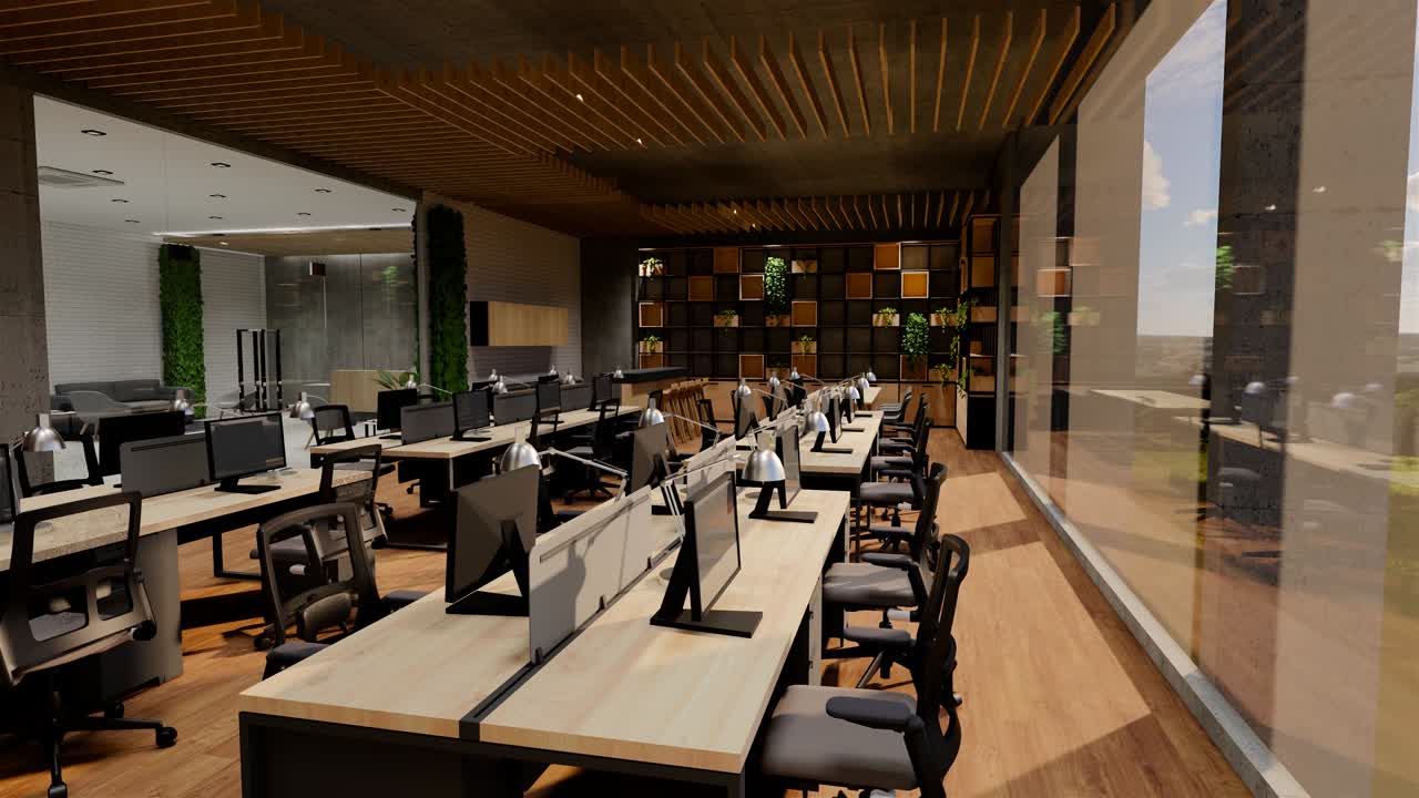 내부 빈 현대 로프트 오피스 오픈 스페이스 현대 오피스 영상.현대 오픈 콘셉트 로비 및 리셉션 영역 회의실 디자인. 3d 렌더링.