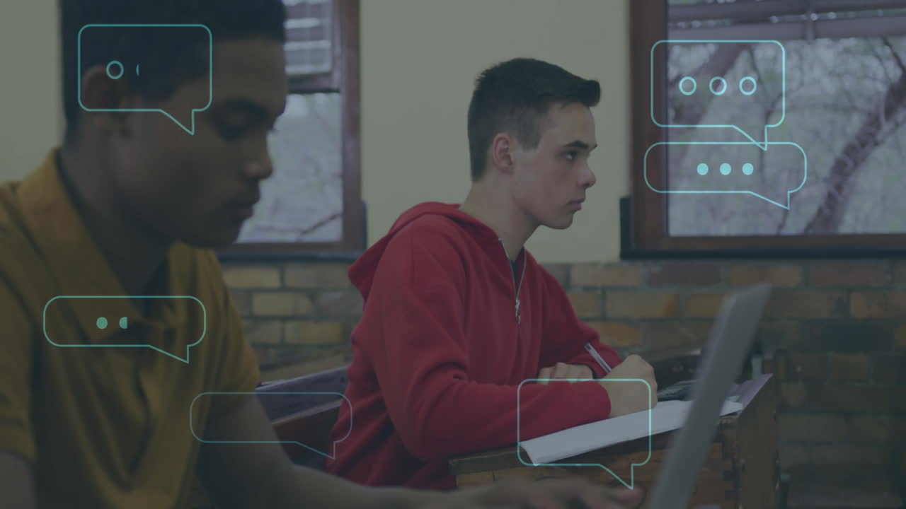 교실에서 배우는 다양한 학생들에 대한 음성 거품의 애니메이션