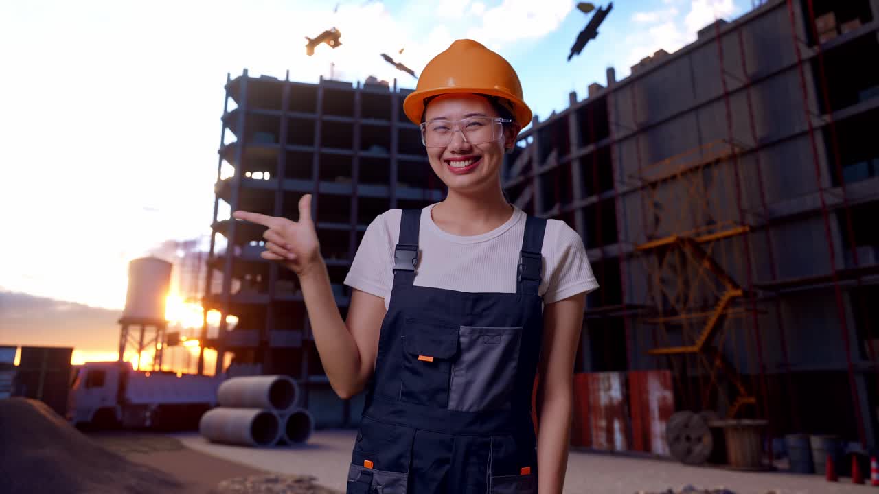 Asian Woman Worker Wearing Goggles And Safety Helmet Smiling And Pointing To Side While Standing At Construction Site