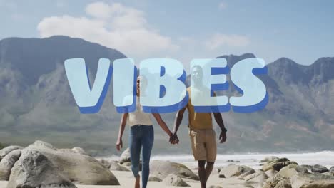 animación de la palabra vibraciones escritas en azul sobre una pareja de manos caminando por el mar