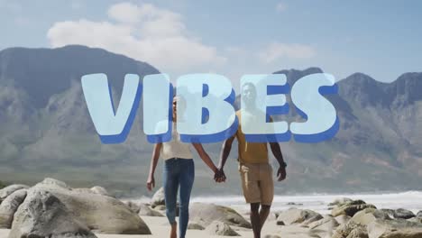 animation of the word vibes written in blue over couple holding hands walking by sea