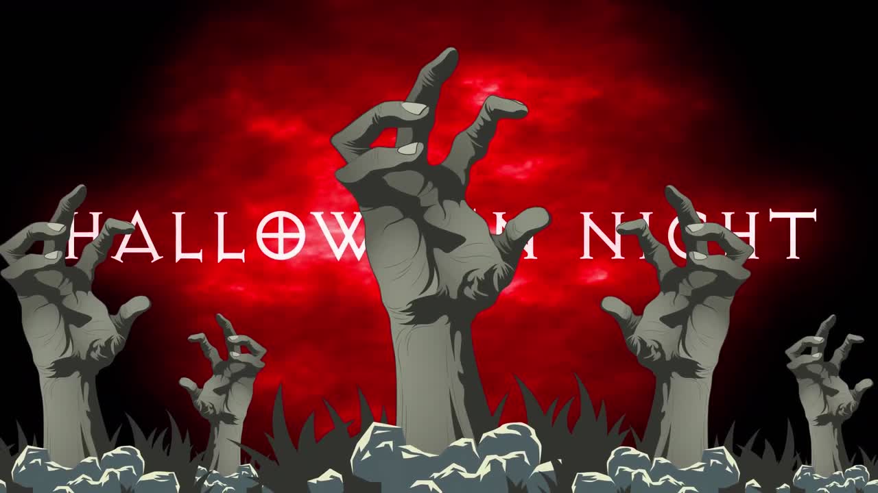 할로윈 밤의 애니메이션, 검은색과 빨간색 배경에 손과 연기가