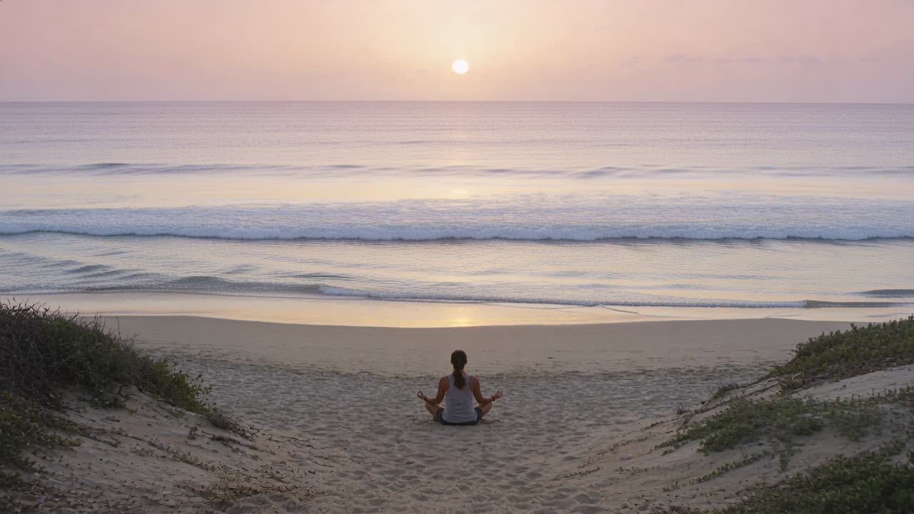 Sitting woman wearing tank top, dark leggings meditating as sun rising on dune path, mat beneath