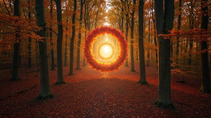 Incantevole paesaggio autunnale con un portale circolare luminoso circondato da un fogliame vivace, che illumina una tranquilla ambientazione nella foresta al crepuscolo