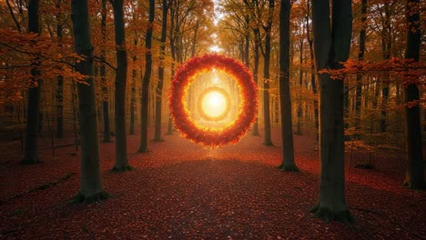 Enchanting Autumn Landscape Featuring a Glowing Circular Portal Surrounded by Vibrant Foliage, Illuminating a Tranquil Forest Setting at Dusk