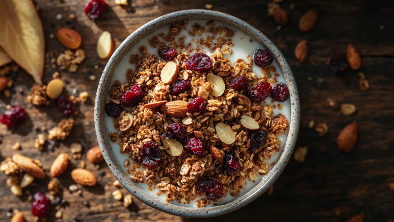 건강한 그라놀라 요구르트 파르페이트 아몬드와 크랜베리