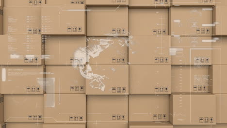 animation of data processing and globe spinning over stack of cardboard boxes in warehouse