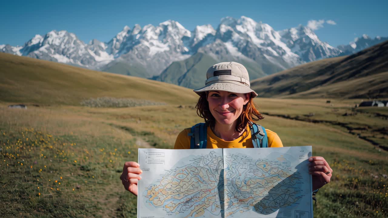 Smiling woman traveler with backpack and sun hat holds a folded paper map in a wide alpine meadow, with dramatic snowcapped mountain range under blue sky
