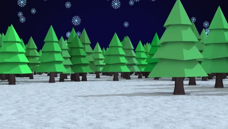 Animation-of-snow-falling-over-fir-trees-and-winter-scenery