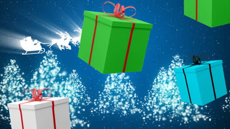 animación de regalos y nieve cayendo sobre santa en trineo y paisaje de invierno en navidad