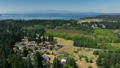 widok z lotu ptaka na domy freeland na wyspie whidbey z górami olimpijskimi w oddali