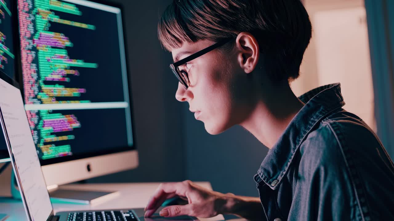A focused individual coding on a laptop, with colorful code on dual monitors