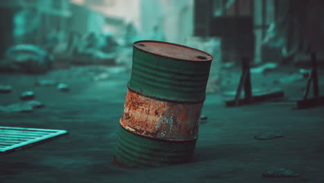 rusty oil barrel in a destroyed area