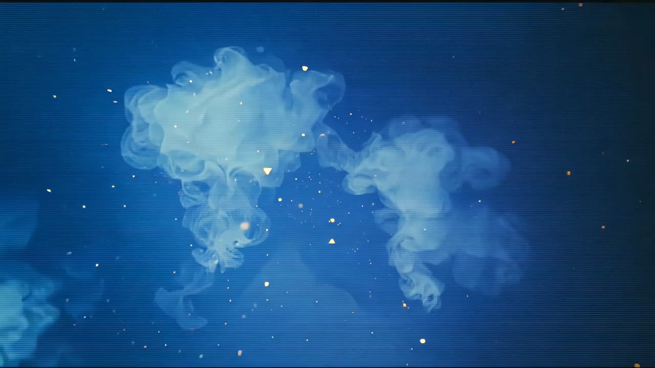 Pulse sparking two blue vapor plumes flowing on blue screen mimicking airflow, scanlines and sparks