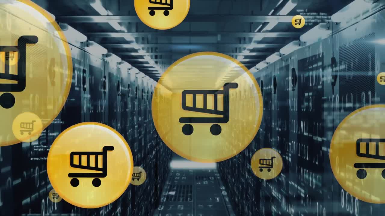 animación de múltiples iconos de carrito de compras flotando y procesamiento de datos contra la habitación del servidor de computadora