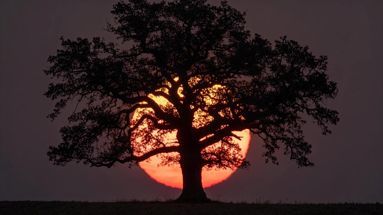 Sol rojo bajo desplazándose revelando un disco brillante a través de las ramas de un árbol solitario en el horizonte del atardecer