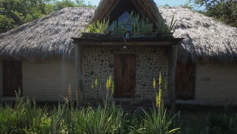 dolly-out view revealing rustic thatched roof house with colorful bottle wall and wooden columns at igloo kokolo nature retreat
