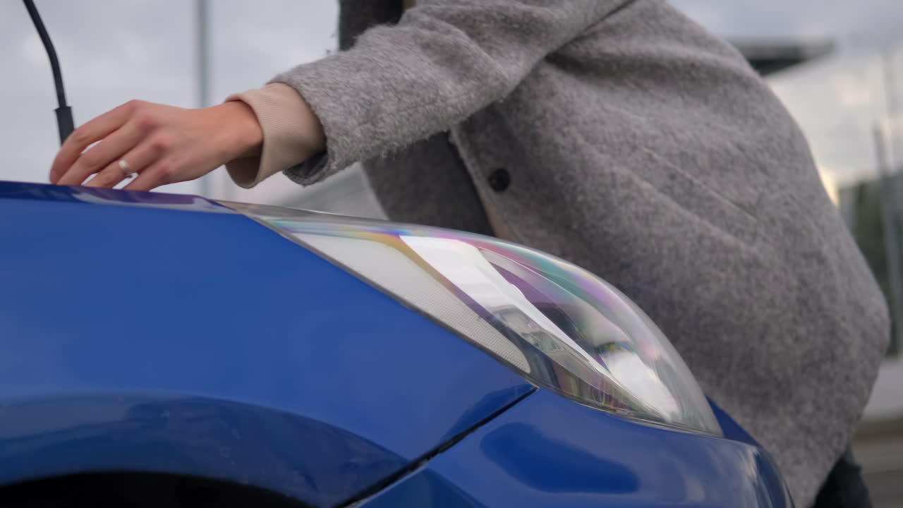 파란색 자동차 헤드라이트를 확인하는 여자