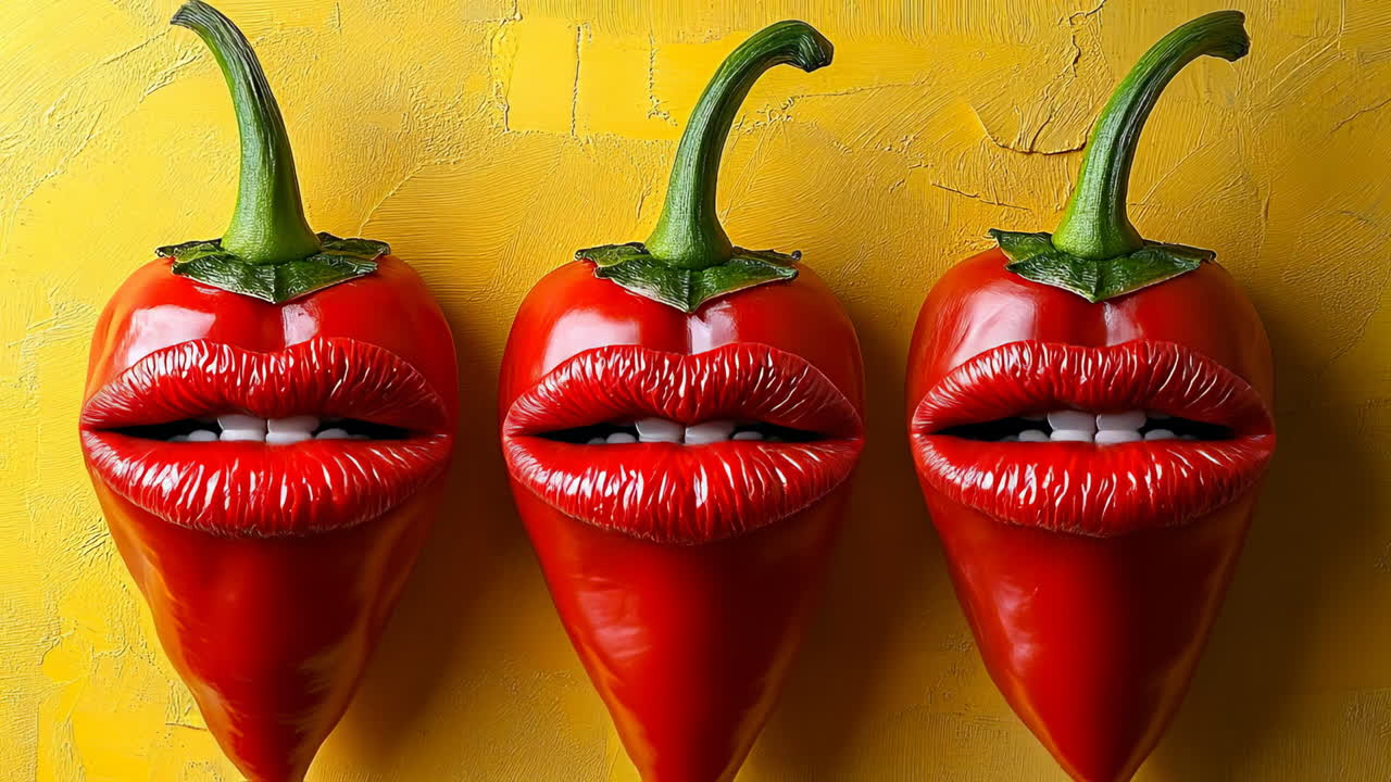 Peppers and lip marks on yellow. Three red chili peppers with vivid lip marks stand out against a yellow wall, creating a playful display