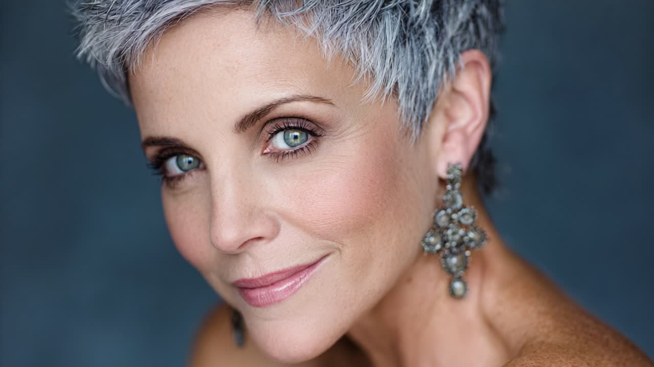 Incantevole ritratto di una donna con capelli argentei ed eleganti orecchini che mette in risalto la bellezza classica e il fascino senza tempo in uno sfondo con messa a fuoco morbida