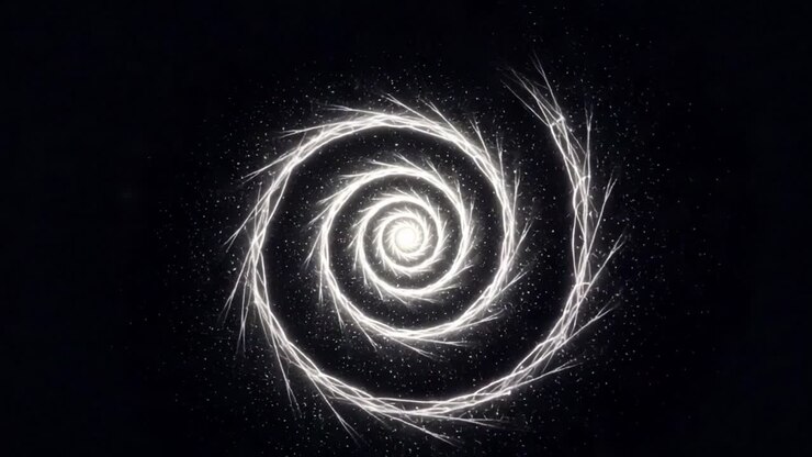 Una spirale di luce ipnotica che fluisce attraverso un vuoto oscuro, creando un modello accattivante che attira lo sguardo verso il suo centro, ricco di dettagli intricati ed elementi scintillanti